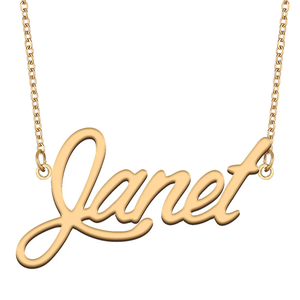 

Женское колье с надписью Janet, кулон-табличка с именем из нержавеющей стали золотого цвета
