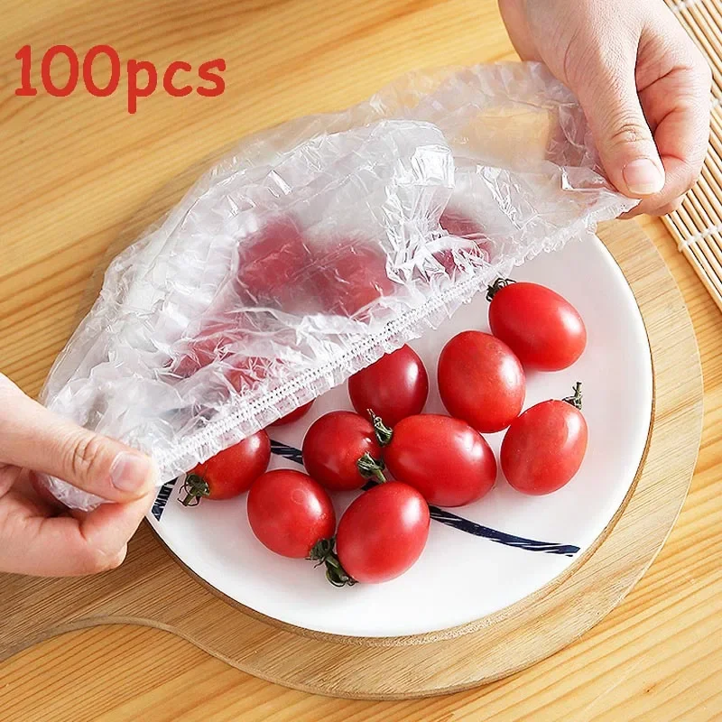 

100pcs Disposable Food Cover Plastic Wrap Elastic Food Lids For Fruit Bowls Cups Caps Kitchen Fresh Keeping Saver Bag