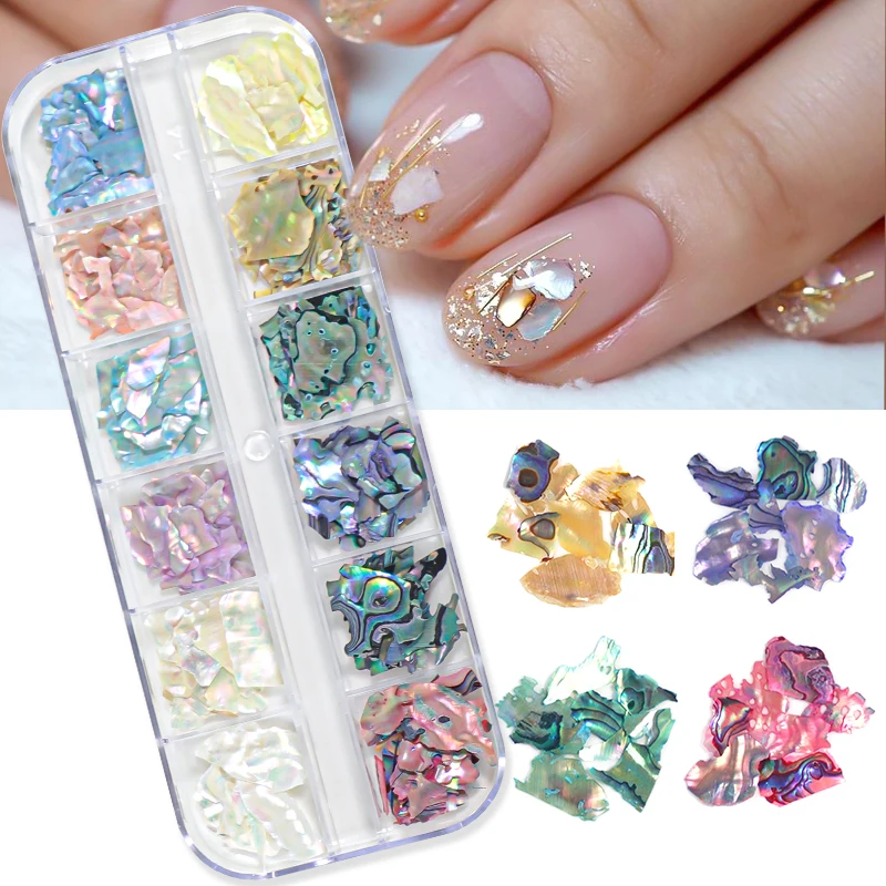 

12 Grids Abalone Sea Shell Nail Art Decoration Natural Stone 3D Irregular Slice Fragments Flakes Nail Charms Manicure Accessory