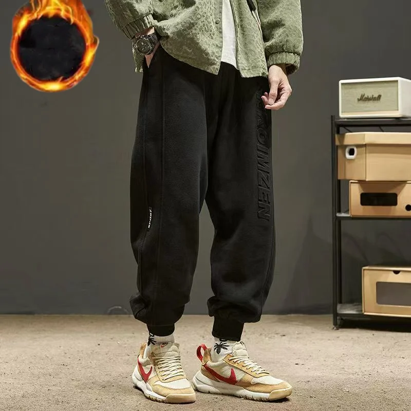 Korean Autumn Winter Fleece Casual Loose Pants Men\'s New Trend Solid Printed Letters Patchwork Pockets Versatile Sports Trousers
