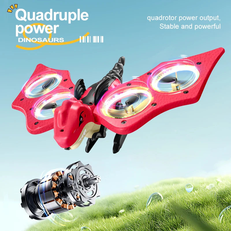 Vue rapprochée du Drone Dinosaure 4DRC V48, montrant son design coloré et ses hélices de protection.
