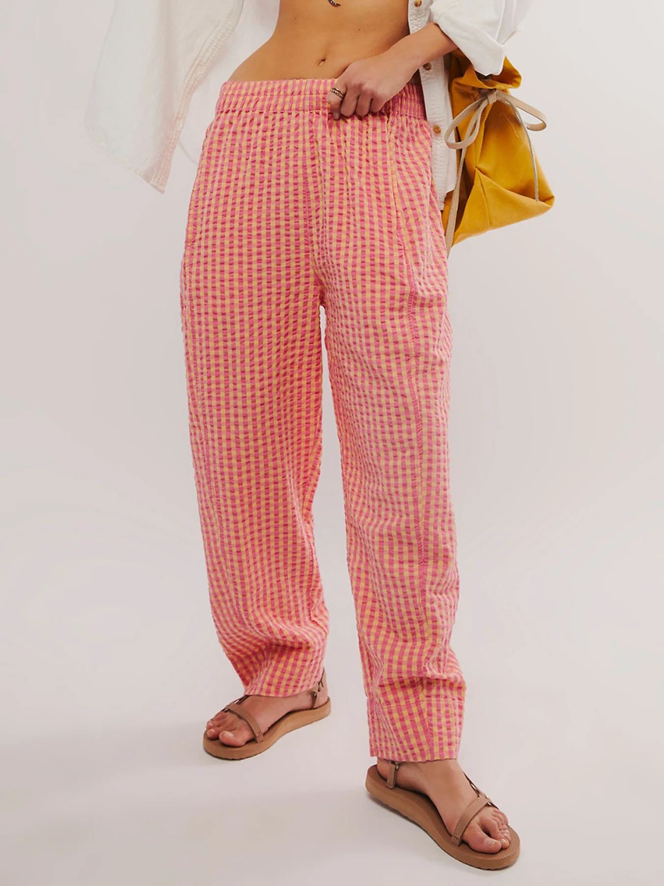 Women's Plaid Yarn-dyed Cotton Casual Pants Preppy Bubble Plaid Pants