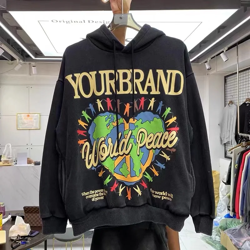 

Love Earth Print Plus fleece loose hoodie for men and women