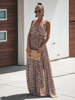 Elegant Romantic V-neck Printed Side-Slit Long Dress for Ladies Fashionable Maxi Gown 1