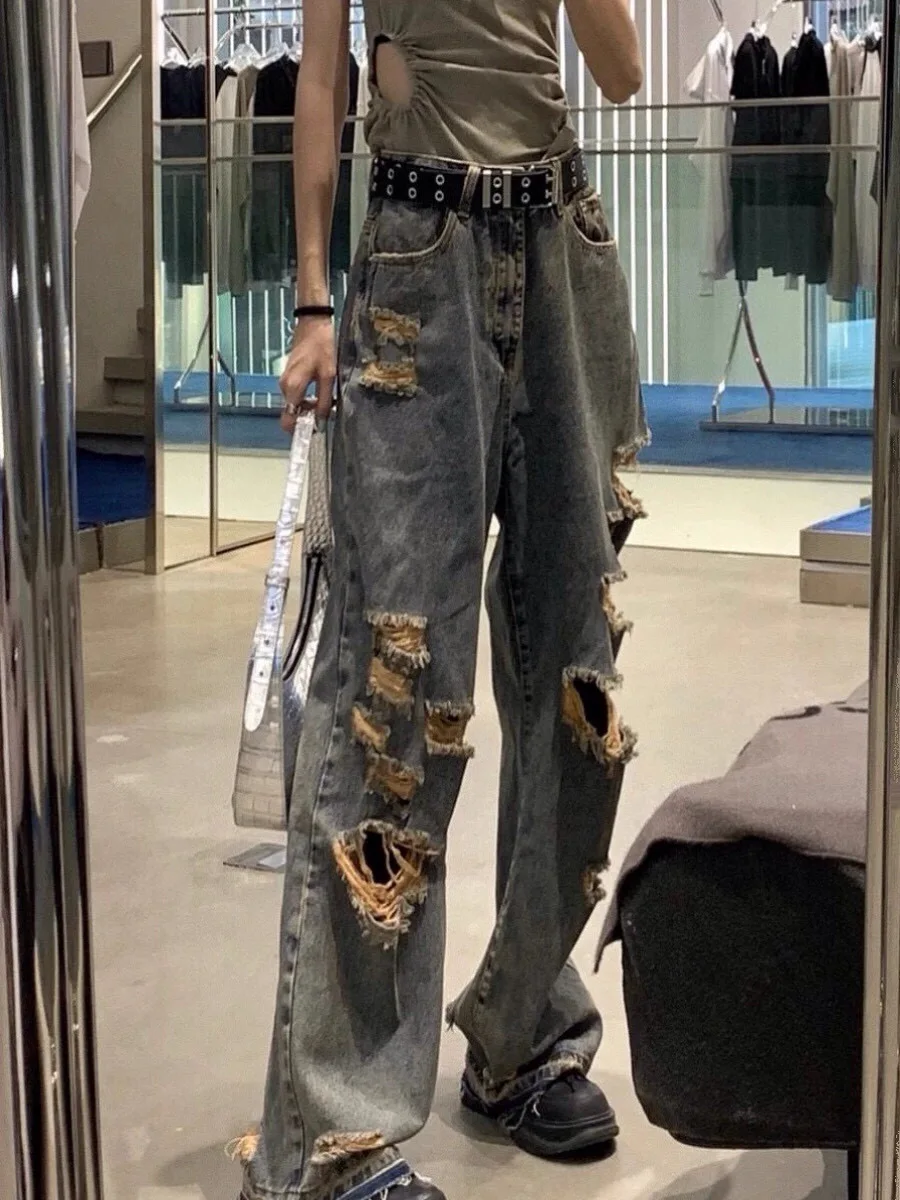 

Personality Wash Do Old Blue Straight Hole Beggar Jeans Men Women Loose Wide-legged Drag Pants Y2k