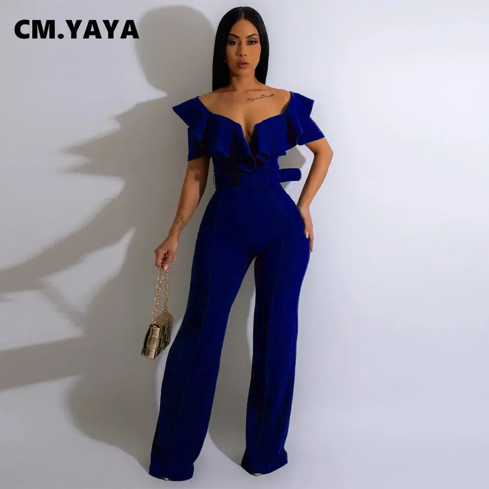 CM.YAYA 빈티지 여성 나비 소매 지퍼 백 허리띠 허리 스트레이트 와이드 다리 Jumpsuit 2023 파티 이브닝 원피스 세트