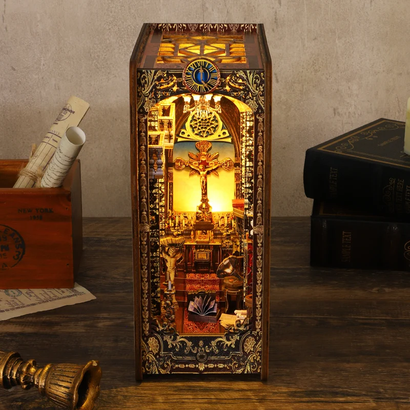 

DIY Book Nook Insert Kits Wooden Miniature Building Kit Covenant Saint Church Bookend with LED Light Bookshelf Home Decoration