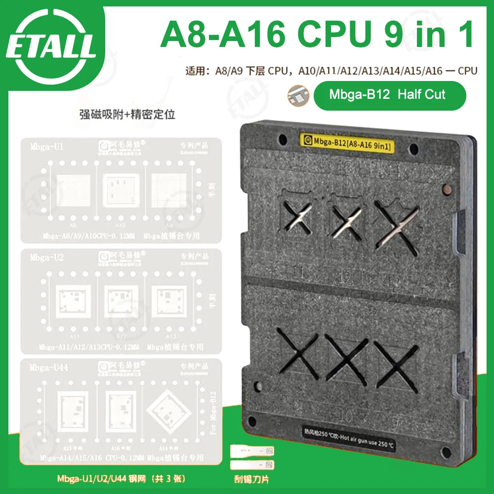 Amaoe Mbga-B12 A8-A16 Cpu Reballing Stencil Station Kit Per Iphone X Xs Xsmax 11 12 13 14 Series Pro/Max Mini Fixture