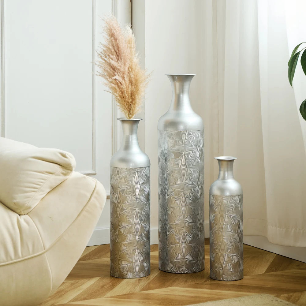 3-teilige Retro-Bodenvasen aus Metall in Weißgold (83/65/50 cm hoch), große dekorative Vasen für Wohnzimmer/Schlafzimmer, passend für Pampas-Zweige – Detail 21