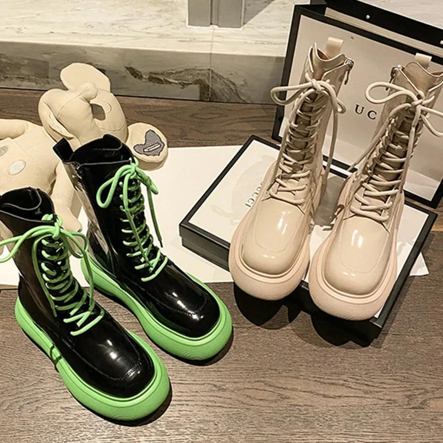 

Dave&Di 2023 Autumn Winter Fleece Boot Fashion Blogger Height Increased Bottom Thick Mixed Color Punk Patent Leather Boot Girls