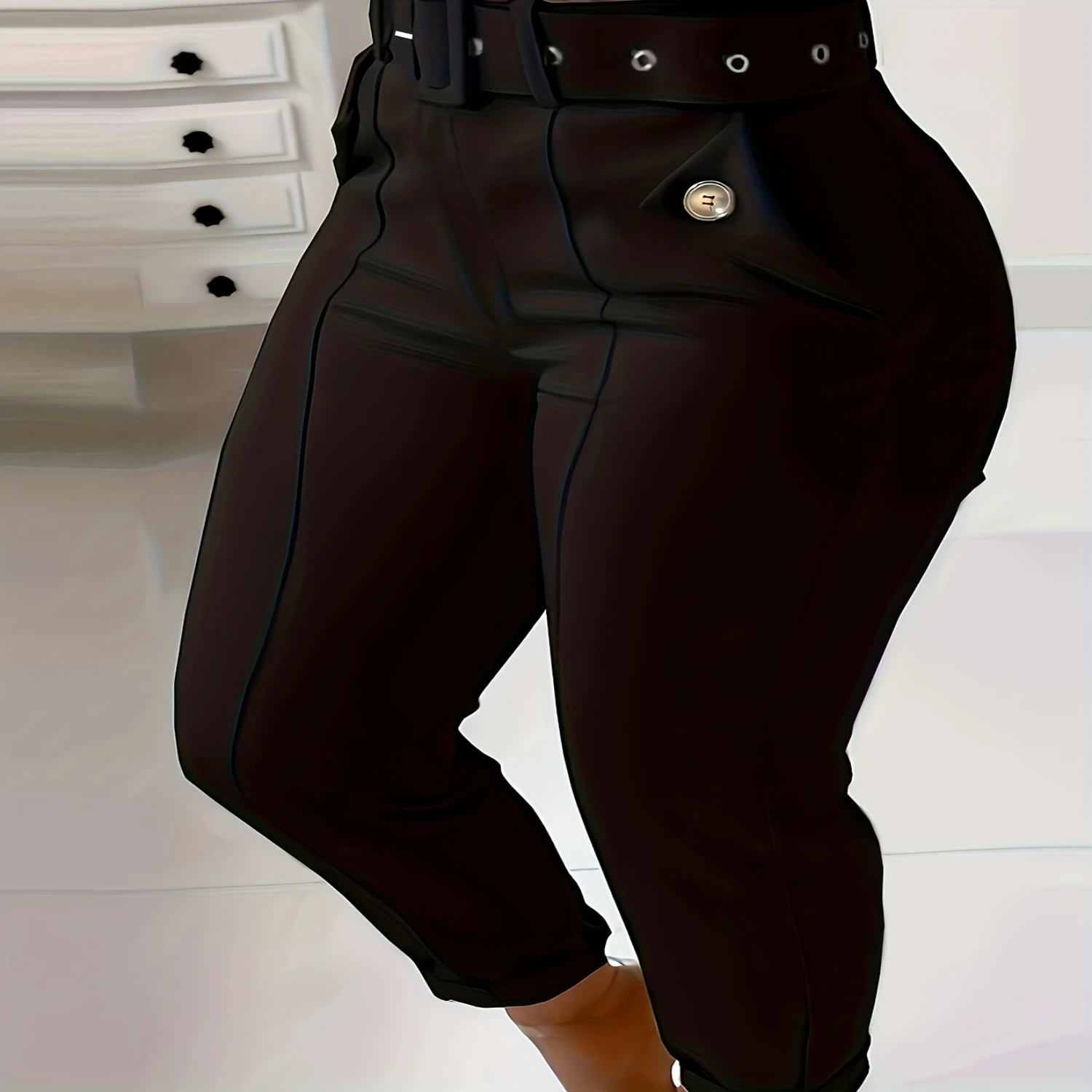 Chic Womens Belted Skinny Leggings-Comfort Fit with Sleek Slant Pockets, Versatile Casual Wear