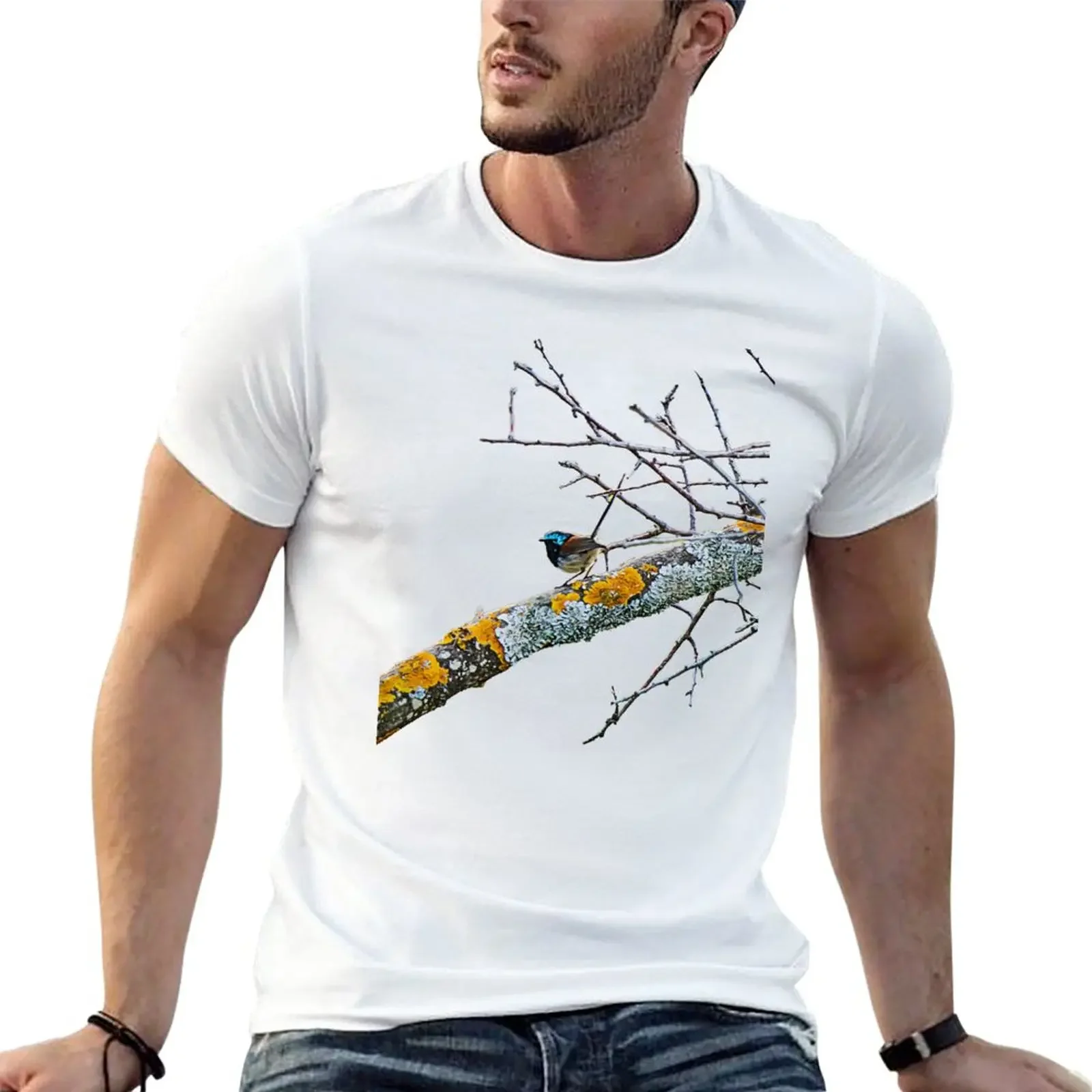 Variegato Fata Wren Su Mossy Branch T-Shirt Vintage New Edition Abbigliamento Da Uomo