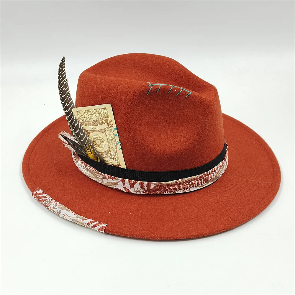 Handgenähter Fedora-Hut, Jazz-Hut, Männer und Frauen, Spielkarten-Accessoires, modischer Filzhut, schwarz-weißer Panama-Kirchenhut – Detail 10
