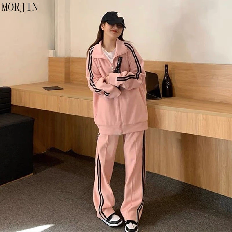 2 Pieces Suits for Women Pink Jacket Blazer Pant Famale Suit Retro Clothes Sports Sets Suit Woman Clothing  Wide Leg Pants Set