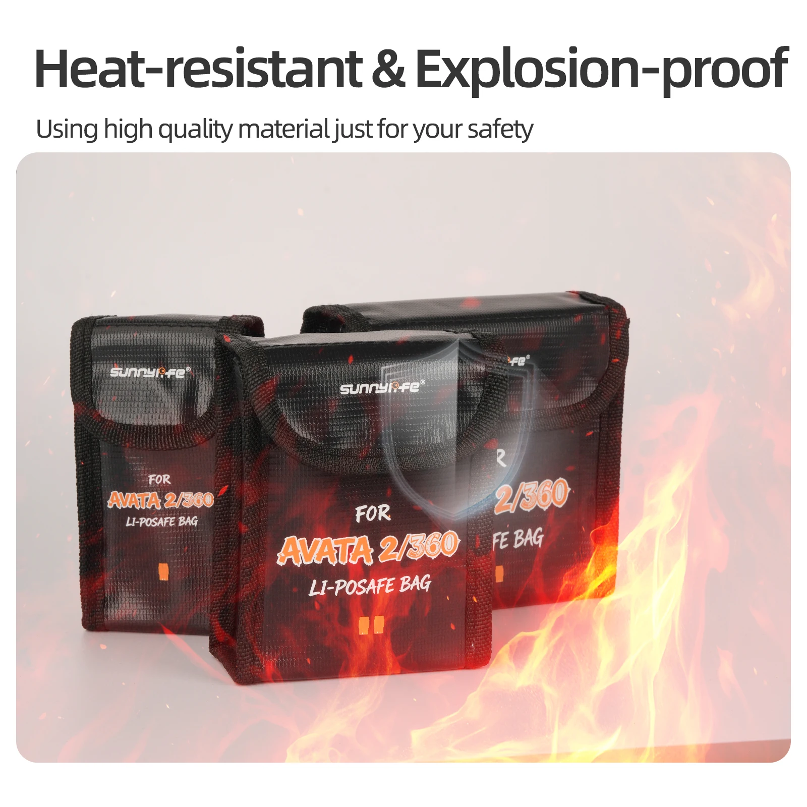 Vue rapprochée du matériau ignifuge et étanche du sac de sécurité pour batterie DJI Avata, avec coutures renforcées.