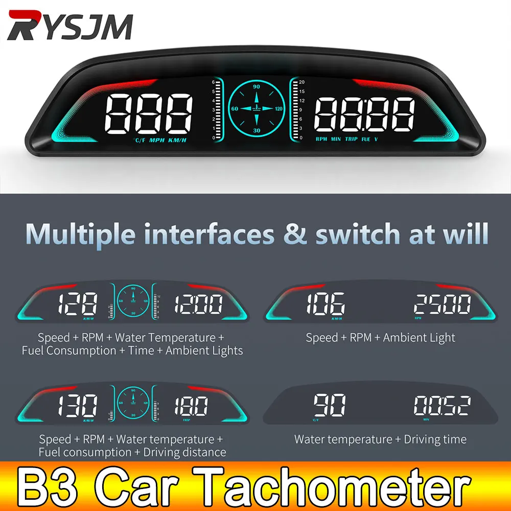 Head Up Display,Tachometer Gauge,Engine Tachometer,Tachometer Meter B3 Tachometer Speedometer Fuel Consumption Volt Meter Water Temp Gauge Alarm Head Up Display Car OBD2 HUD Auto Voltage