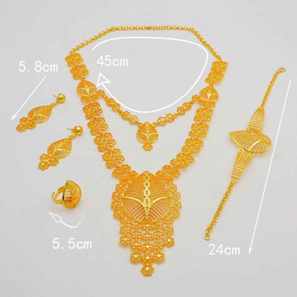 Indian Dubai Gold Color Jewelry Set For Women Bridal Long Necklace Set Nigerian Choker Necklace Bracelet Earring Ring Sets