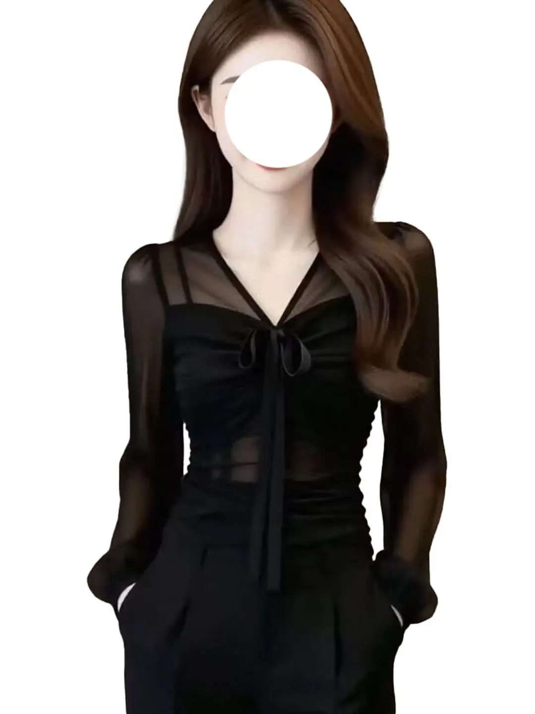 세련된 주름 장식 벨트 긴팔 V넥 슬리밍 셔츠 여성용 아름다운 스타일리쉬 탑 봄 여름 신상품