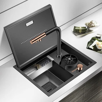 Hidden Black Rose Gold Nano Kitchen Sink Set with Glass Rinser