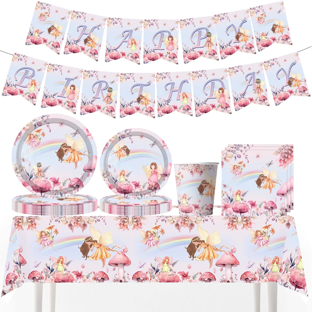 Fee Geburtstag Party Dekoration Geschirr Fee Teller Tassen Servietten Tischdecke Banner Regenbogen Blume Fee Garten Party Supplies