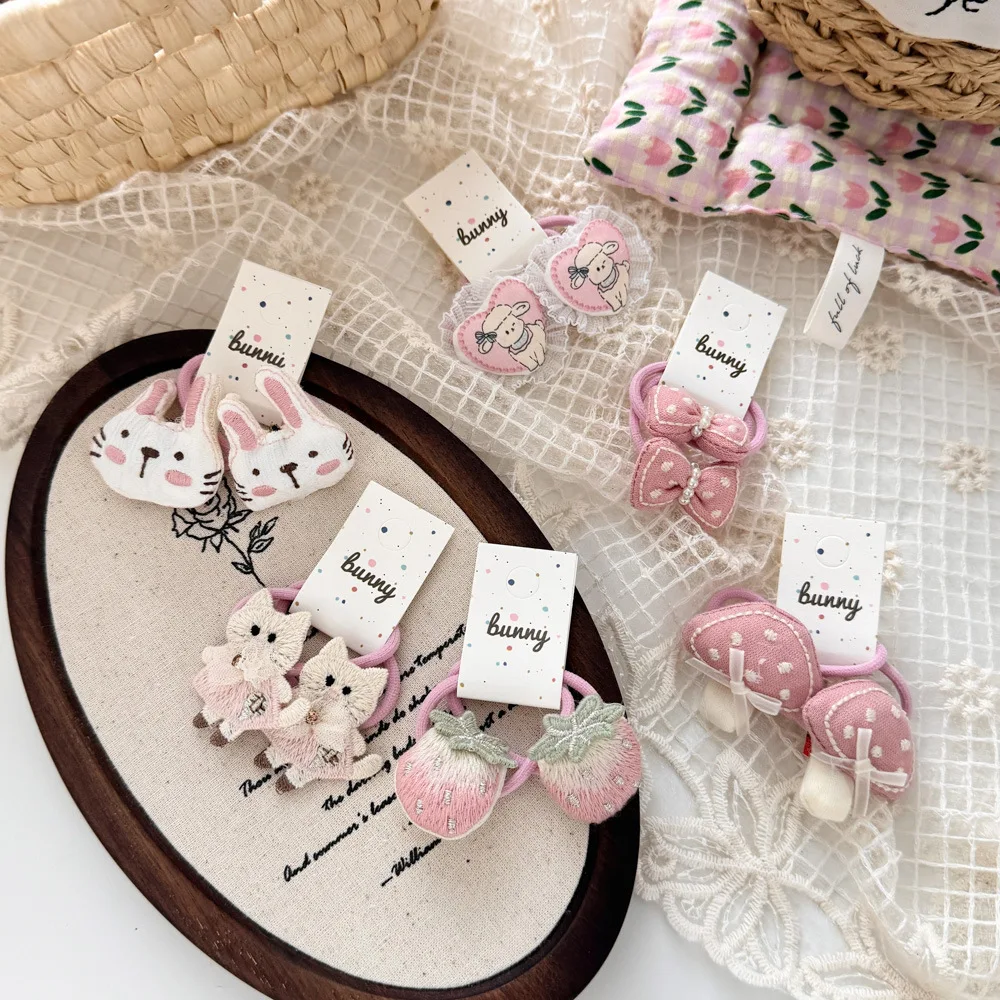 2pcs/set Baby Cute Cartoon Elastic Hair Rope Ties Hair Bands Bowknot Girls Ponytail Holder Rubber Kids Hair Accessories Headwear