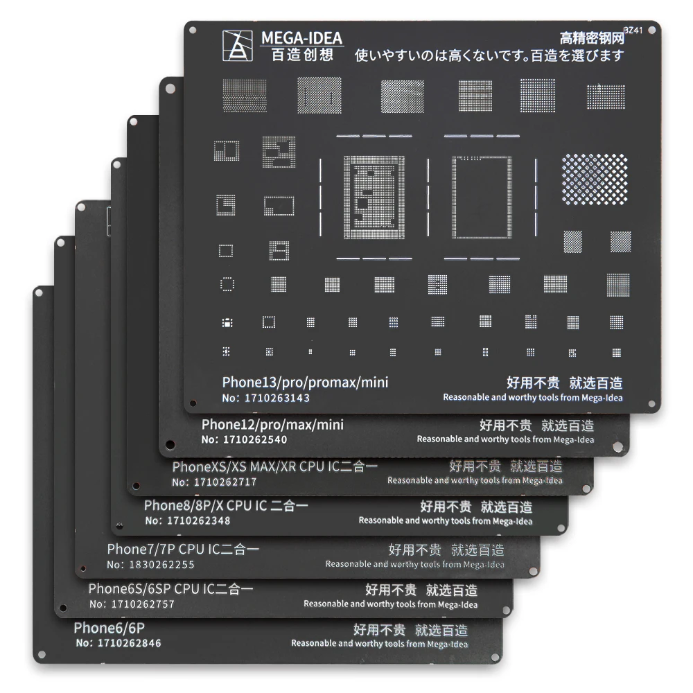 Bga Reballing Stencil Kit Set Per Iphone14 13 12 11 Pro Max Xs Xr X 8P 8 7P 7 6S 6 Acciaio Nero Cpu Ic Chip Tin Welding Net