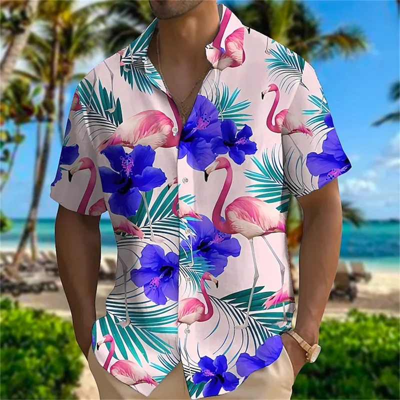 Summer Hawaiian 3D Animal Cranes Printing Shirts Palm Tree Graphic Short Shirts Men Fashion Harajuku Clothing Y2k Tops Blouses 2
