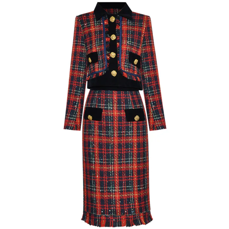 

Женский костюм из двух предметов, элегантный стильный твидовый костюм в клетку, однобортный пиджак с длинным рукавом и юбка-карандаш с бахромой, зимний костюм