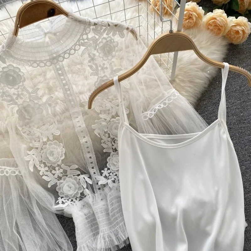 Elegant Floral Mesh Long Sleeve Blouse for Women Lantern Sleeve Lace Shirts for Ladies See Through Mesh Tops 25914