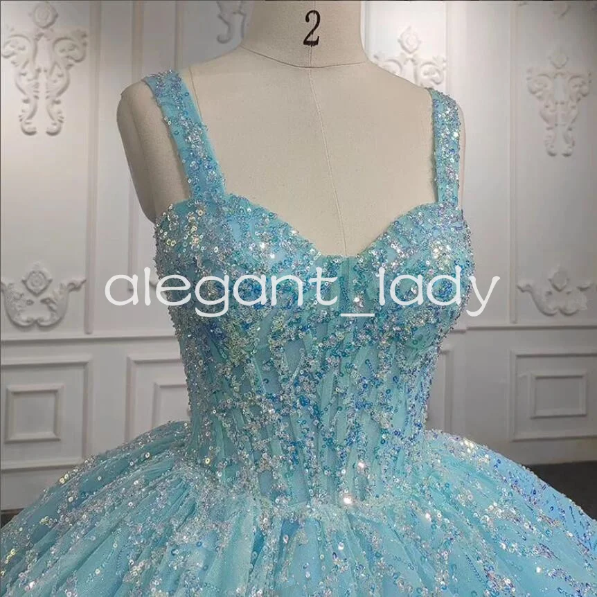 Himmelblaue Prinzessin Glitter Quince anera Kleider Schatz funkelnde Pailletten Applikation Korsett geschwollen süß 15 Vestidos de Gala