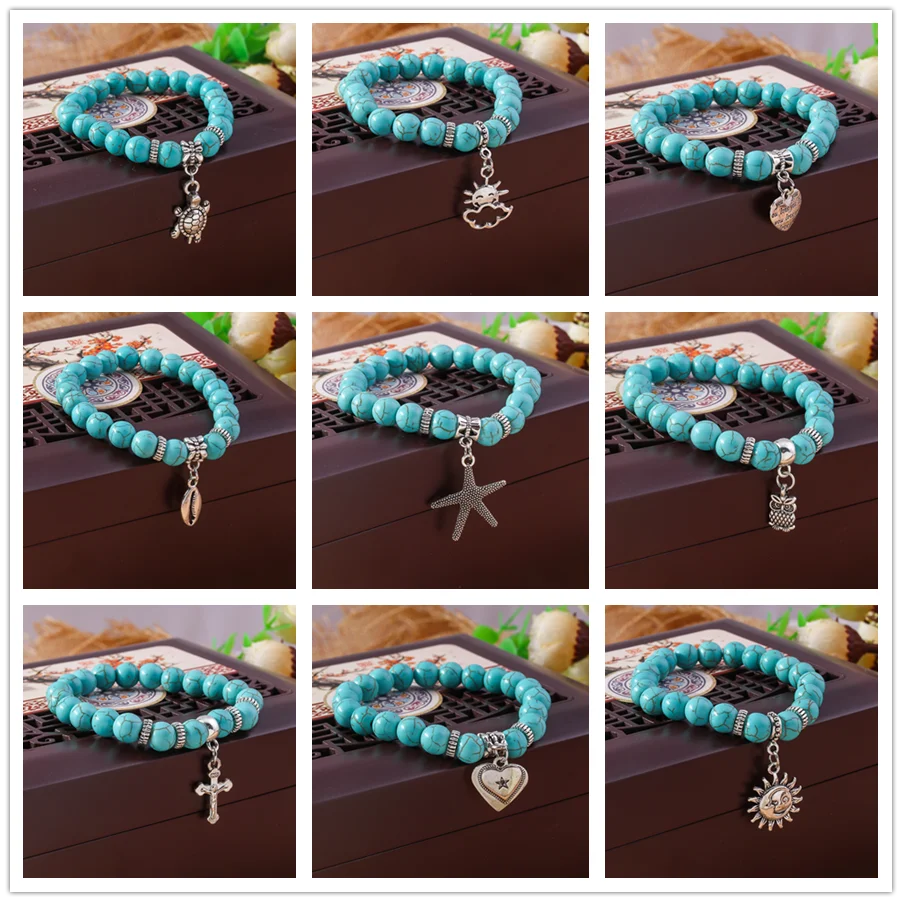 Aihua Böhmen Türkis Stein Armband Tibet Silber Farbe Conch Schildkröte Sonne Kreuz Armband für Frauen Armreifen – Detail 6