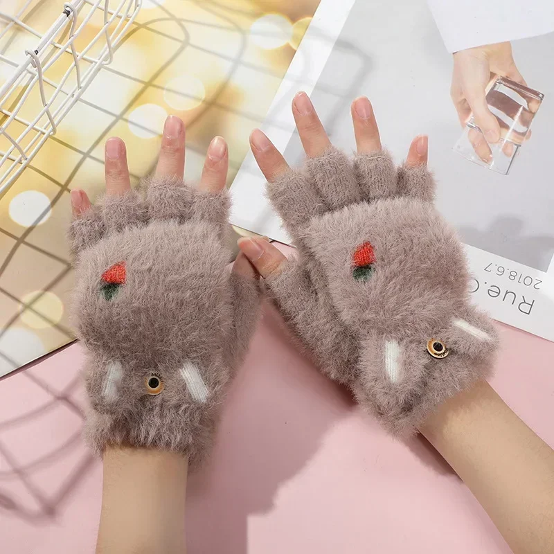 2-7Years Boy Girl Fur Wool Knit Kids Soft Half Finger Flip Gloves Children Winter Warm Cute Cartoon Rabbit Knit Mittens for Baby, winter gloves,baby mittens