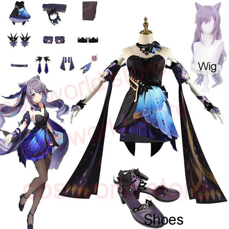 

Keqing Cosplay Costume Genshin Impact Game Cosplay Purple Dress Suit Sexy Women Clothes Halloween Ke Qing Role Play Wig Shoes
