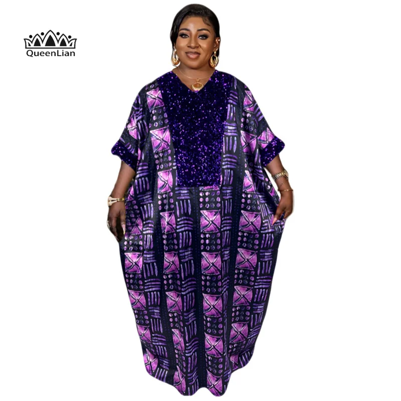 Plus Size Abaya Women's Colorblock Allover Geomtric Print Bat Sleeve V Neck Maxi Muslim Kaftan Dress