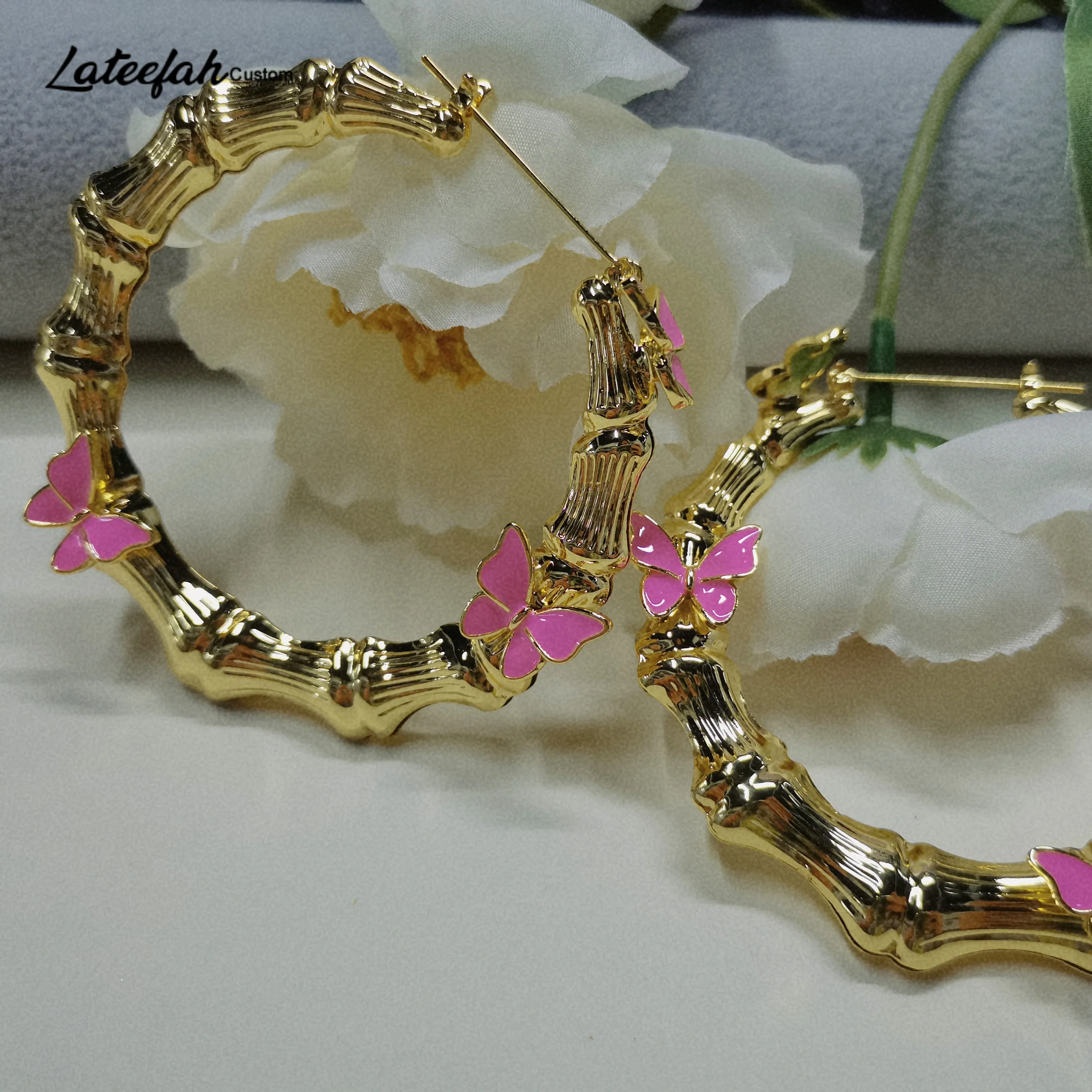 Lateefah 70mm Trendy Stainless Steel Personalized Custom Butterfly Earrings for Women Custom Round Bamboo Earrings Jewlery Gift