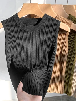توب نسائي محبوك برقبة دائرية ، سويتر نسائي بلا أكمام ، قطع أنيق ، توب أنبوبي نحيف أحادي اللون ، نصف صدرية ، ملابس الشارع ، Y2K 4