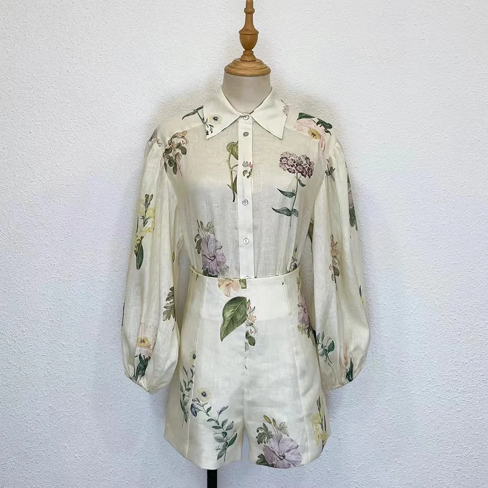 

Fyion 2023 Summer Floral Print 2 Piece Set Casual Single Breasted Blouse + Mini Shorts Runway Women Holiday Suits