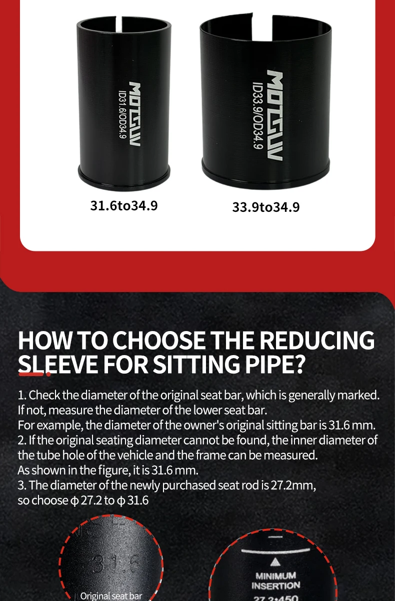 Description Picture 5 of itemMOTSUV Aluminum Alloy Bicycle Seat Post Tube Seatpost Sleeve Bike Reducing Sleeve Bushing Adapter Parts 27.2-28.6/30.4/30.9/31.6