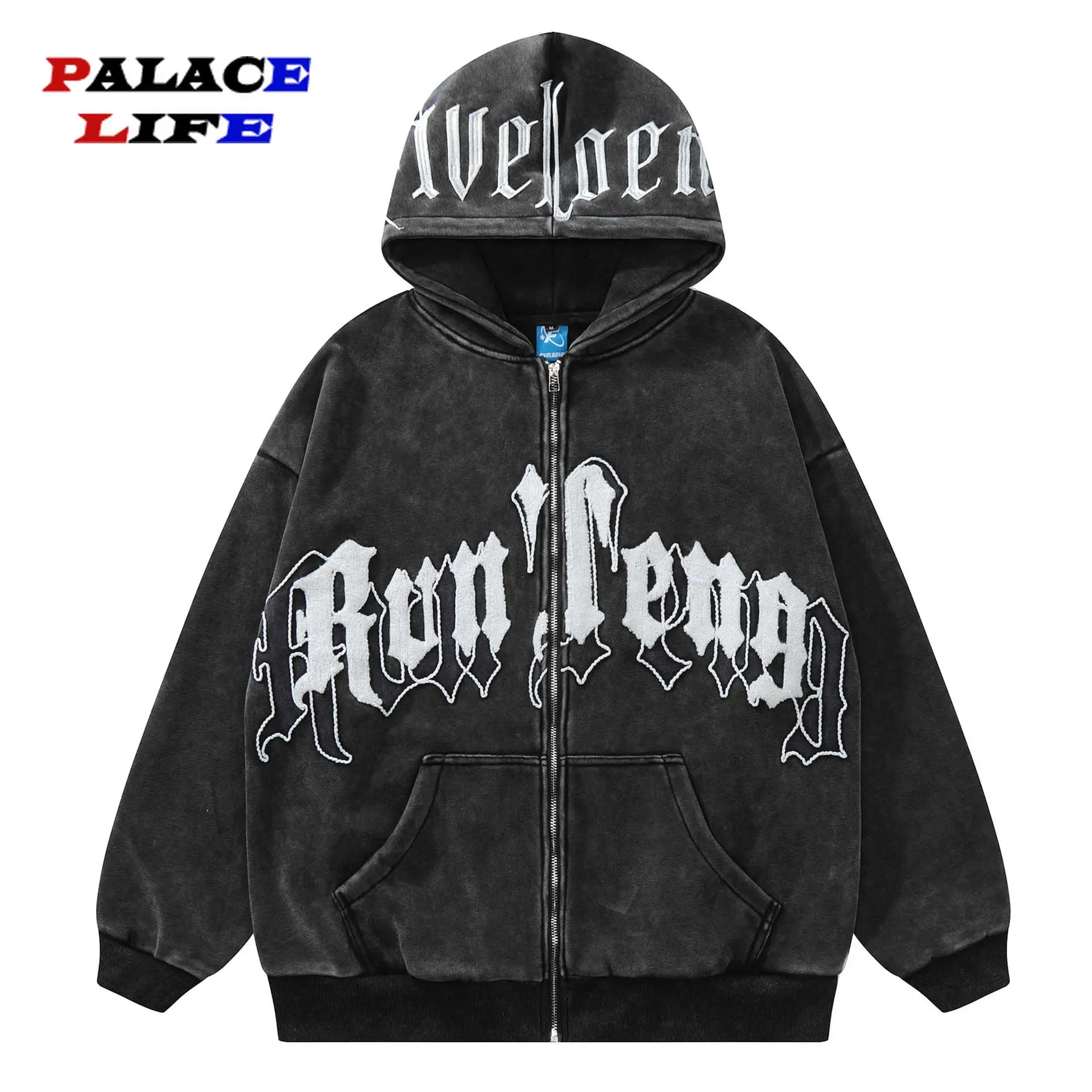 

Vintage Hoodie Sweatshirt Jacket Men Washed Old Letter Embroidery Punk Gothic Fleece Hooded Coat Harajuku Fashion Zipper Jacket