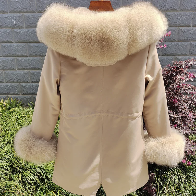 

Pai Overcoming Women's New Winter Mid length Fox Fur Grass Coat with Detachable Collar, Front and Cuff Fur 2024