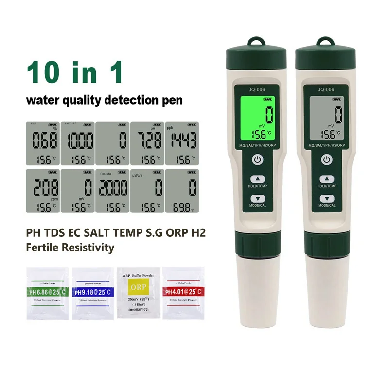 

10 In 1 Water Quality Tester PH TDS EC SALT TEMP S.G ORP H2 Fertile Resistivity Detector Pen For Aquarium Swimming Pool