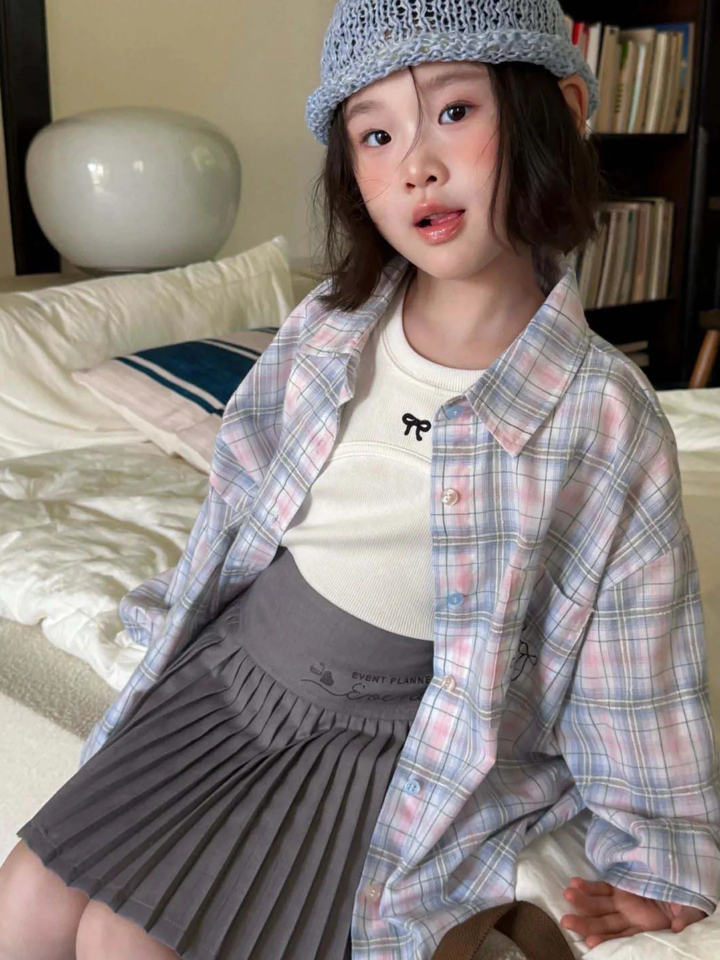 여자 여름 셔츠 캐주얼 얇은 격자 무늬 턴 다운 칼라 아동 의류 블루 체크 무늬 긴 소매 아동 패션 탑