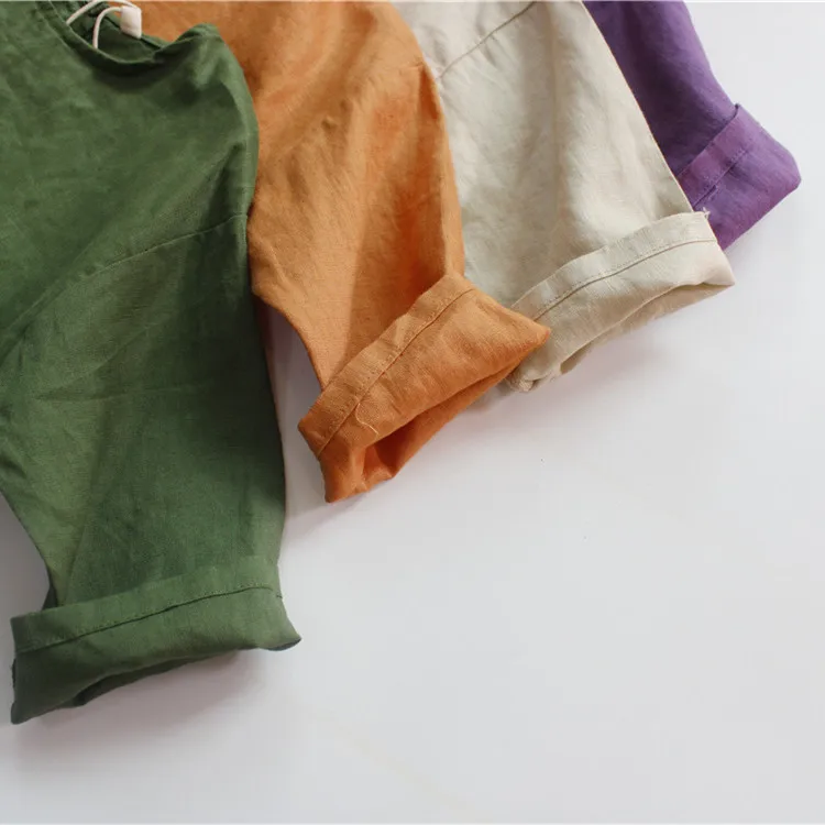 deer jonmi Summer Children Solid Color Retro Loose Shirts Korean Style Unisex Cotton Linen Tops