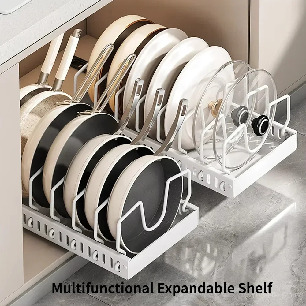 Kitchen Pots & Pans Organizer Under Cabinet Sliding Drawer Pot Lid Organizer Pull Out Cabinet Storage Tray with 8Dividers