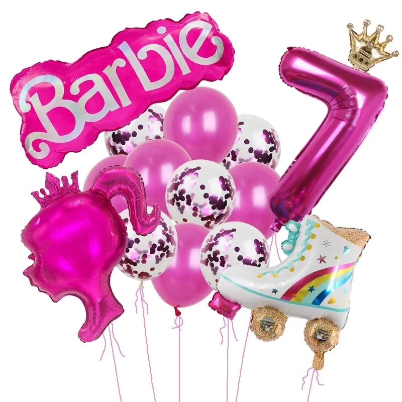 Juego de 15 globos de tacón alto con temática de muñeca Barbie rosa para niñas Barbie de 1 a 9 años, suministros de decoración para fiestas de cumpleaños con globos de aluminio digitales