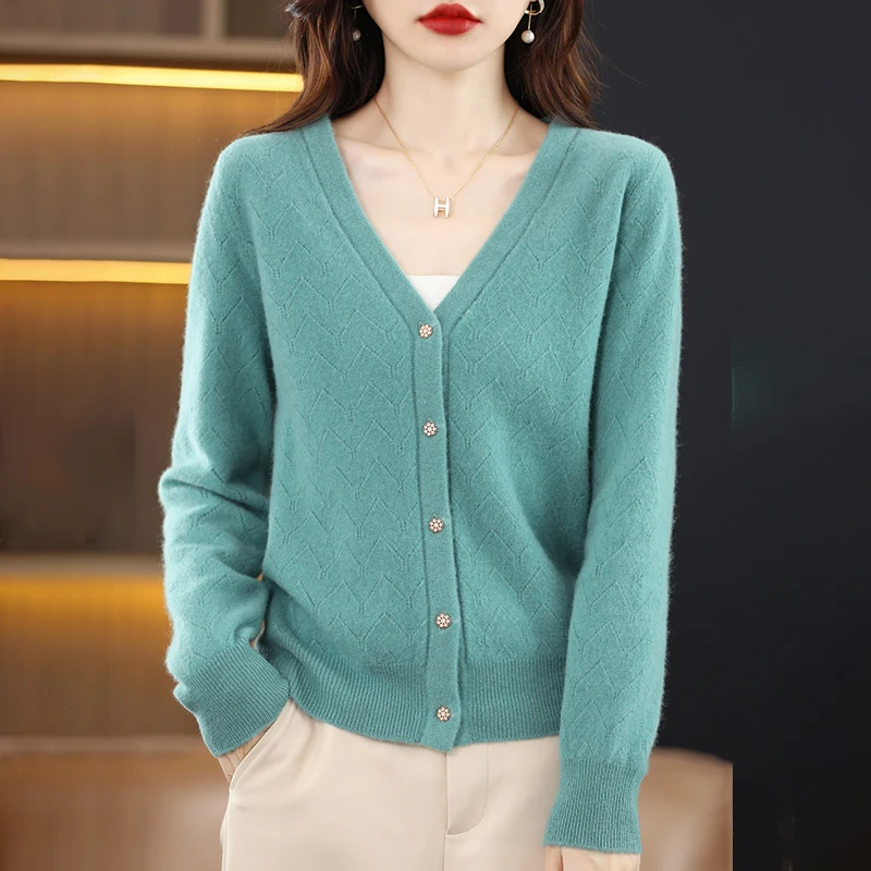 

Autumn Women's Cardigan 100% Wool Knitted Sweater Chic Tops Cashmere Coat Causal V-neck Full Sleeve Loose Women's Jacket Spring