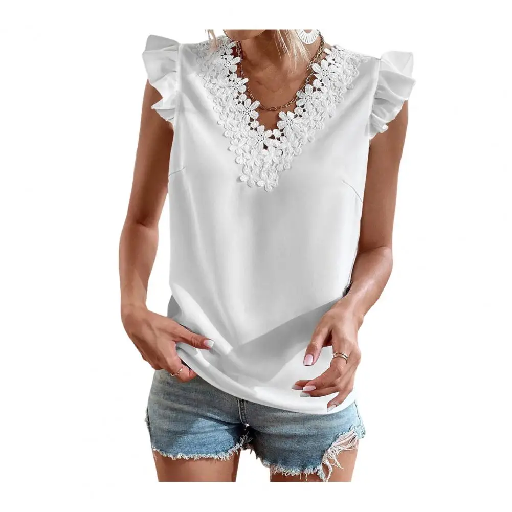 

Solid Color Women Tee Women Shirt Elegant Lace Flower Splicing V-neck Women's Summer Shirt with Ruffled Sleeves for Streetwear