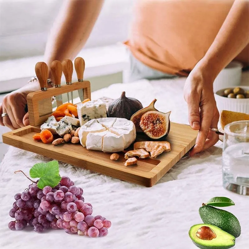 Large Bamboo Cheese Board With 4 Knives Chopping Board Set Kitchen Wooden Cutting Durable Serving Tray Natural Material