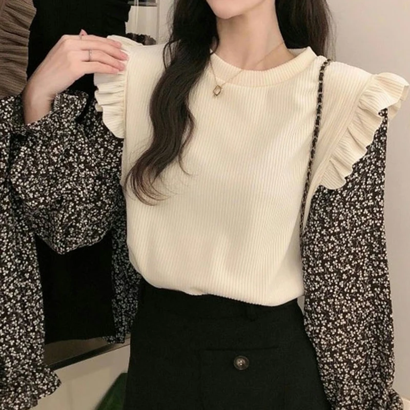 

Ruffles Long Sleeve Sweaters for Women 2023 Round Neck Knitted Woman Jumper Autumn Winter All Match Soft Sweater