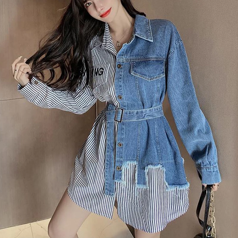 

Mid length denim patchwork shirt skirt for women with irregular contrasting patchwork and loose waistband closure